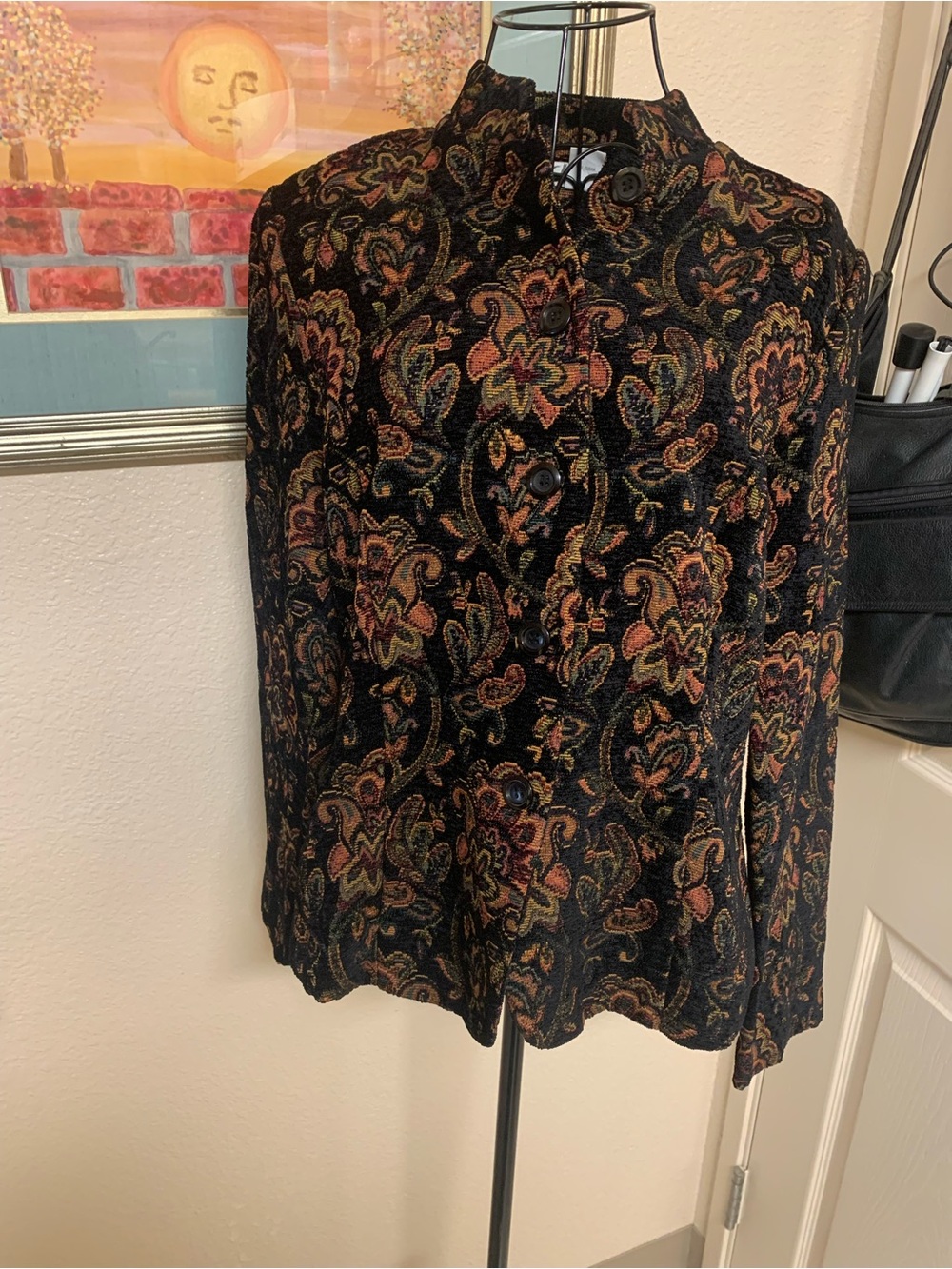 dressbarn Black Paisley-Print Button Front Jacket with Rust and Olive Accents